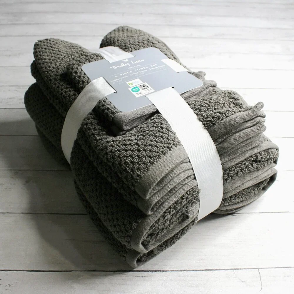 Truly Lou Bath Towel Set 100% Cotton Gray Hand Towels Washcloth 6 Piece